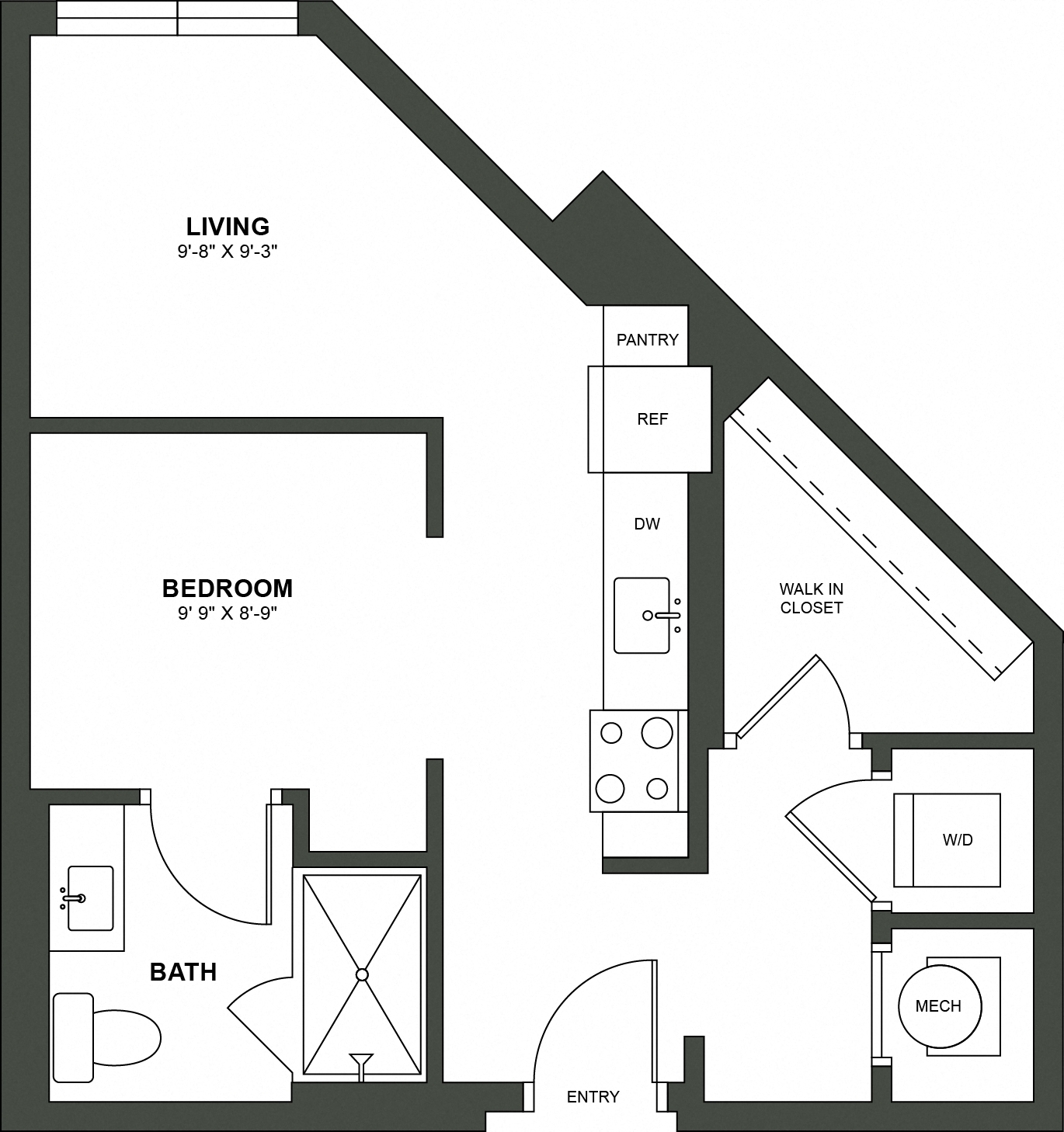 Floor plan for studio, 1 bath, 555 sqft